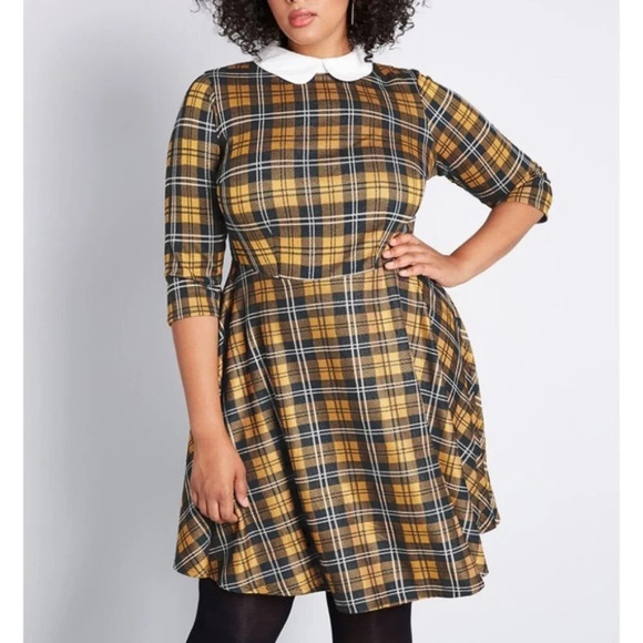 Modcloth "Perfectly Proper" Yellow Plaid A-Line Dress - Picture 1 of 7